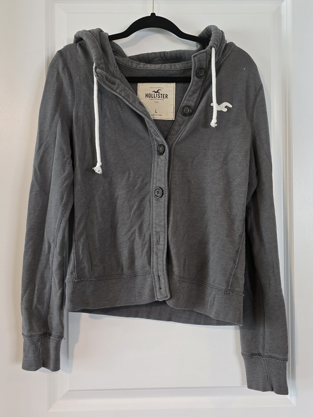 Hollister Women's Gray Hooded Button Cardigan with White Drawstrings